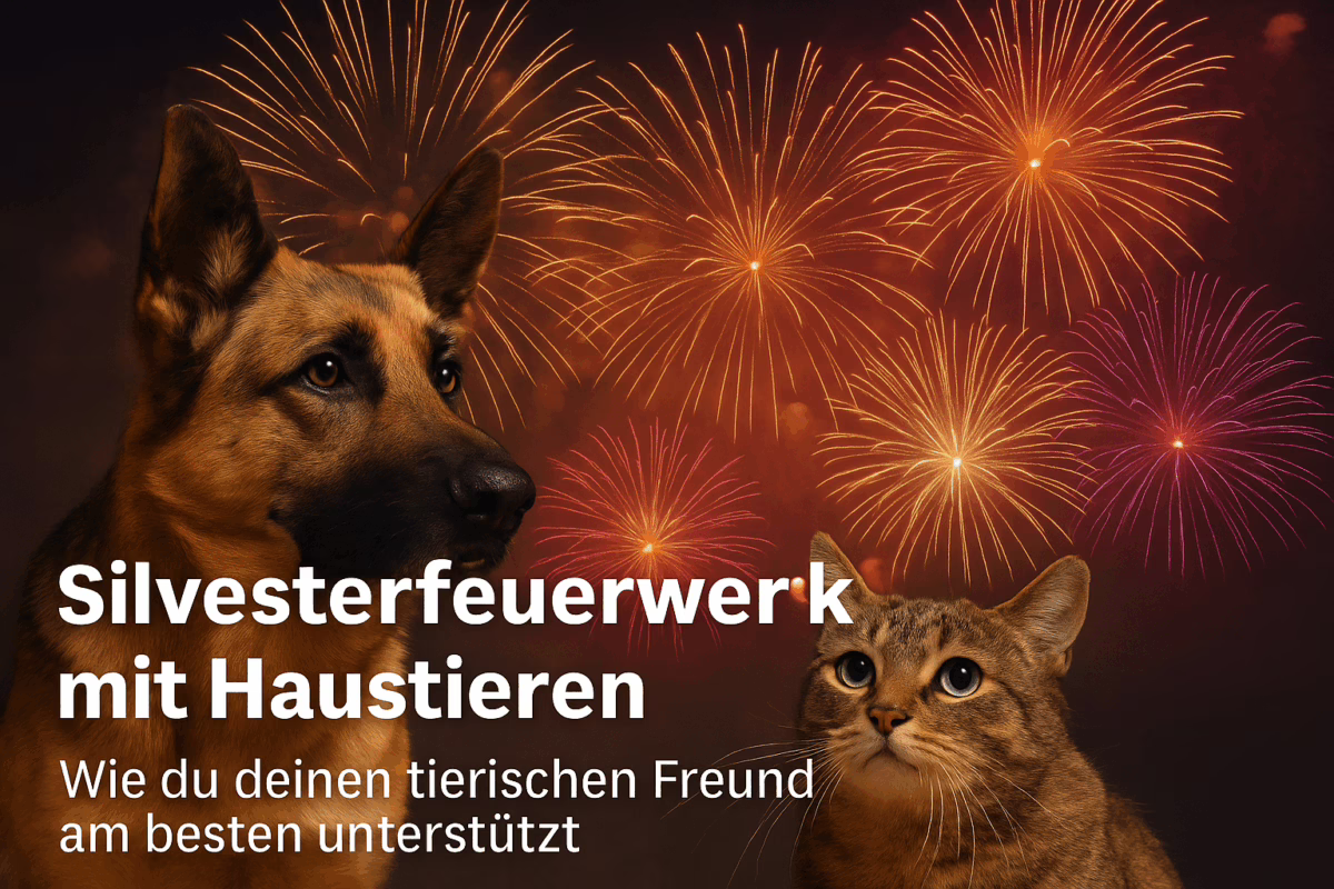 Hund und Katze mit Feuerwerk im Hintergrund
