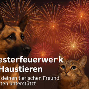 Hund und Katze mit Feuerwerk im Hintergrund